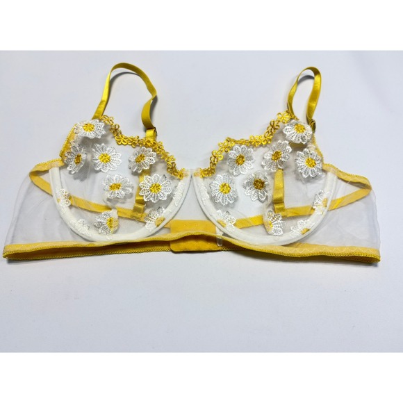 Moxy Daisy Embroidered Mesh Bra Yellow White Sheer Floral SMALL - Picture 5 of 10
